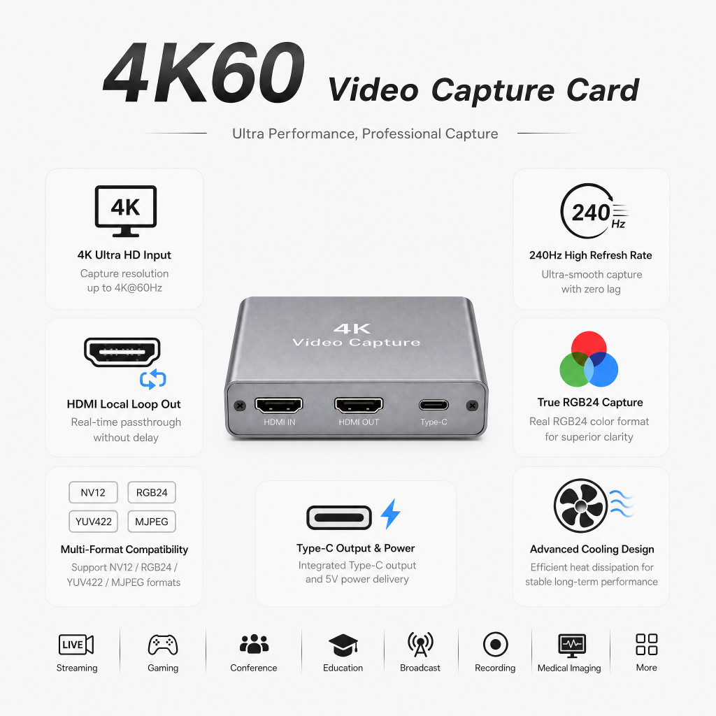 4K60 HDMI Video Capture Card, Plug and Play, Loop-Out, USB3.0 for Streaming Gaming,Switch,Xbox,PS4/5,OBS,Zoom(Silver)