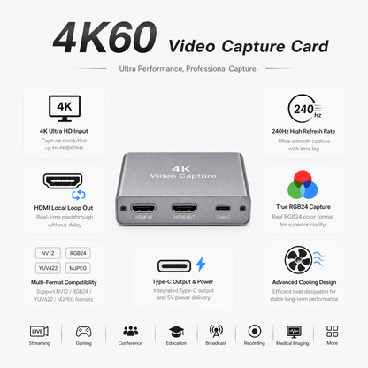4K60 HDMI Video Capture Card, Plug and Play, Loop-Out, USB3.0 for Streaming Gaming,Switch,Xbox,PS4/5,OBS,Zoom(Silver)