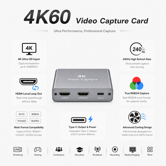 4K60 HDMI Video Capture Card, Plug and Play, Loop-Out, USB3.0 for Streaming Gaming,Switch,Xbox,PS4/5,OBS,Zoom(Silver)