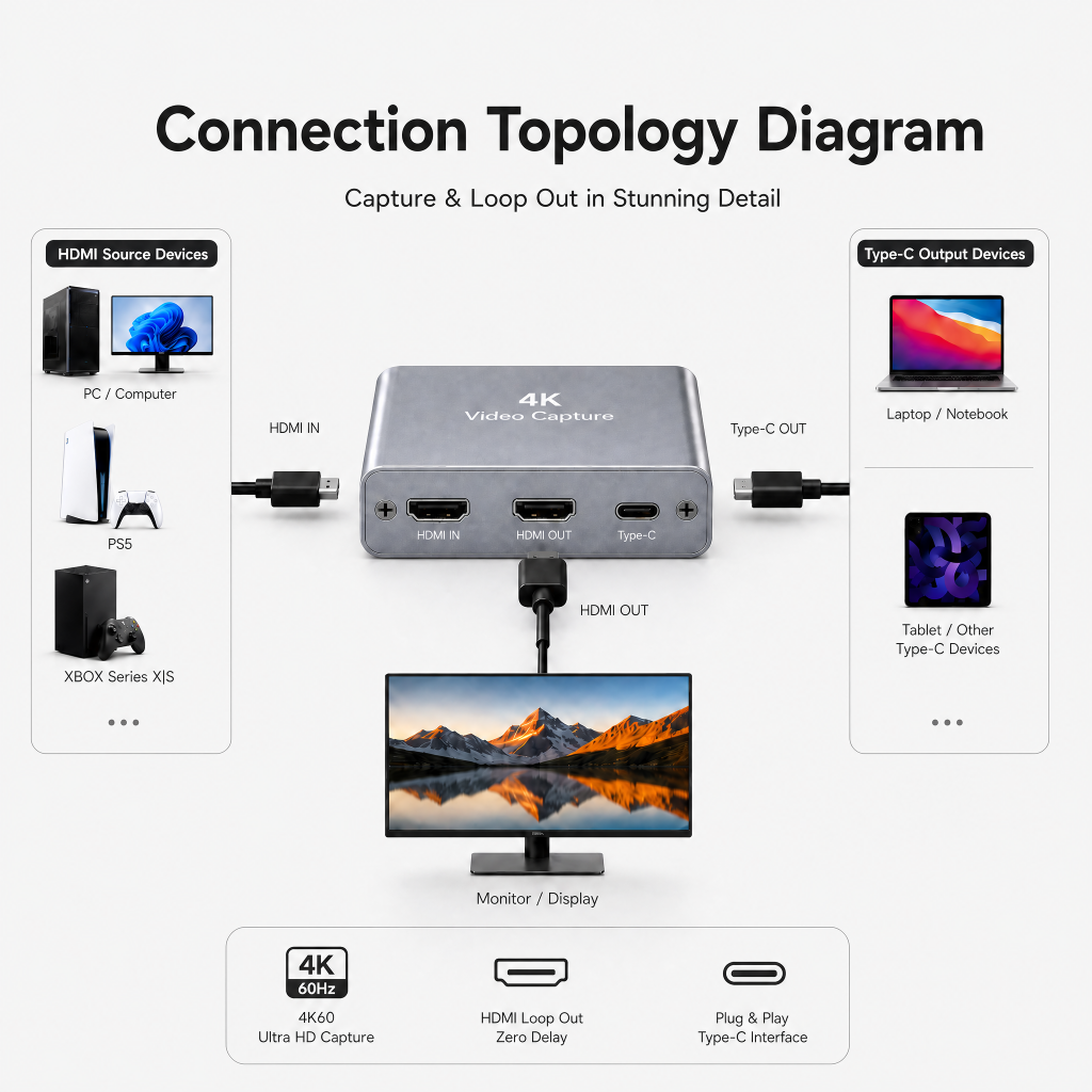 4K60 HDMI Video Capture Card, Plug and Play, Loop-Out, USB3.0 for Streaming Gaming,Switch,Xbox,PS4/5,OBS,Zoom(Silver)